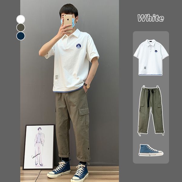 

polo shirt short ins trendy wear summer half sleeve upper garment loose men's lapel cotton t-shirt