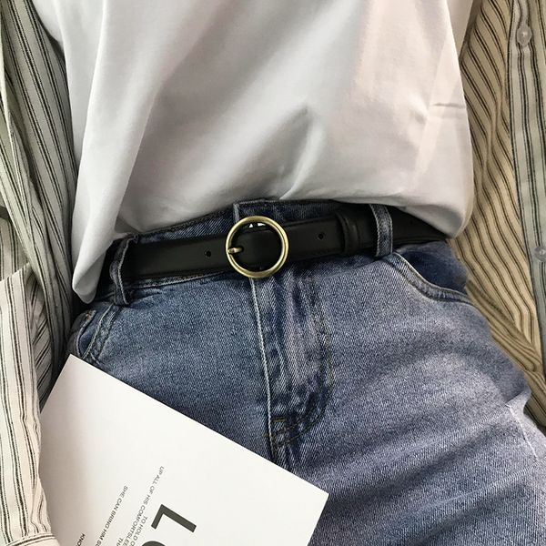 

women's simple and versatile fashion korean cowhide black round buckle leather student decorative jeans belt, Black;brown