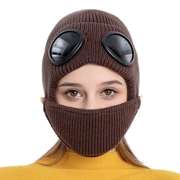 

outdoor hats autumn winter good glasses ear caps plus velvet warm wool cap hat mask knitted woolen keep female, Black;white