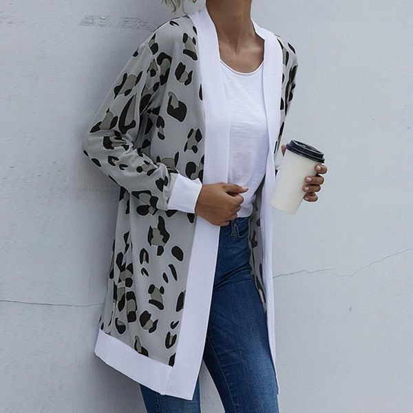 

leopard print cardigan long knitted sweater jacket women 2020 autumn vintage sweater coat tricot outerwear office ladies, White