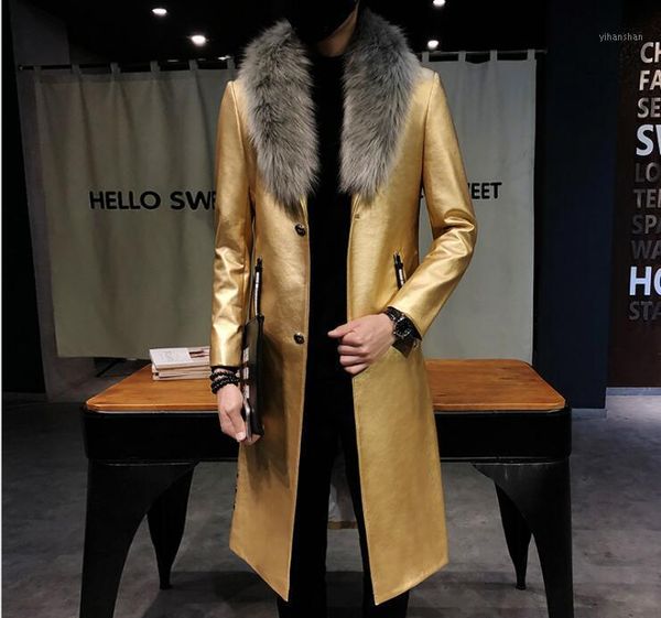 

2020 fashion large size long men's leather jacket large fur collar warm winter fashion leather jacket pu gold windbreaker1, Black