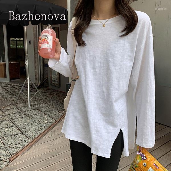 

bazhenova women fall solid color split long-sleeved t-shirts girlsautumn casual round neck ladies woman t-shirt r9611, White