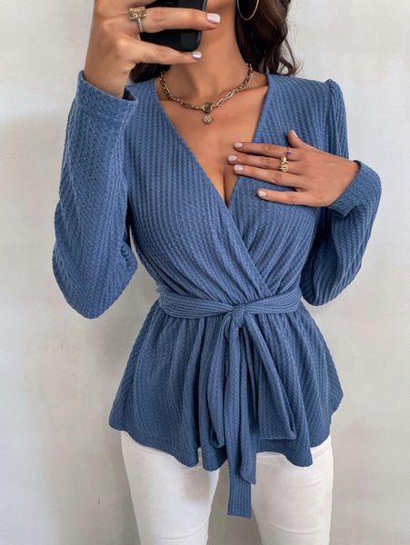 

waffle knit surplice neck belted blouse c2py#, White