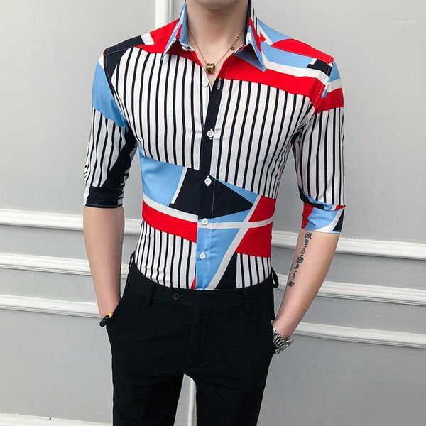 

men shirt korean style fashion patchwork stripe print casual slim fit three quarter sleeve high-quality men shirts camisa1, White;black