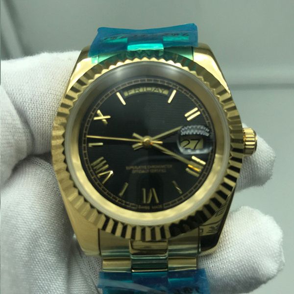 

new black dial mens watch yellow gold stainless steel strap watch daydate automatic movement mens watches, Slivery;brown