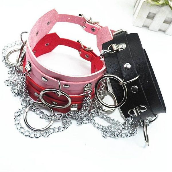 

punk pu leather choker metal ring chain necklace collar rivets goth belt adjustable buckle1, Golden;silver