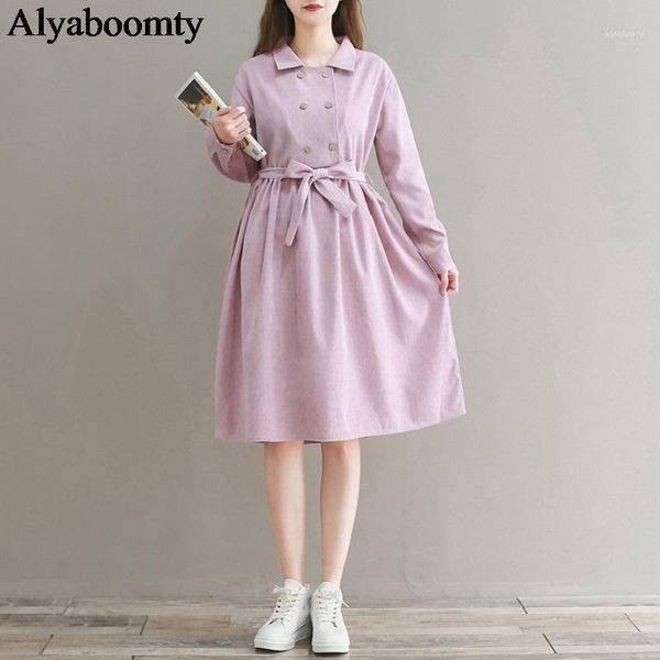 

2020 japanese mori girl women sweet dress spring autumn turn-down collar buttons sashes dress cute pink corduroy elegant dresses1, Black;gray