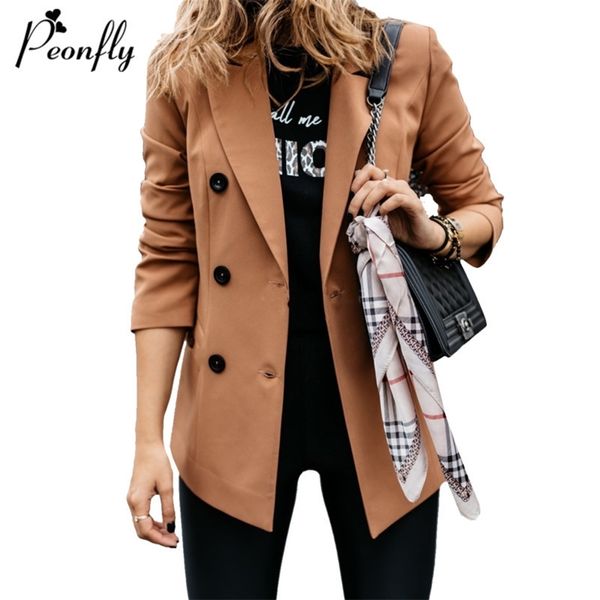 PEONFLY Frauen Zweireiher Elegante Blazer Casual Lose Langarm Jacke Feste Weibliche Büro Dame Blazer Dünne Outwear Mantel LJ201021