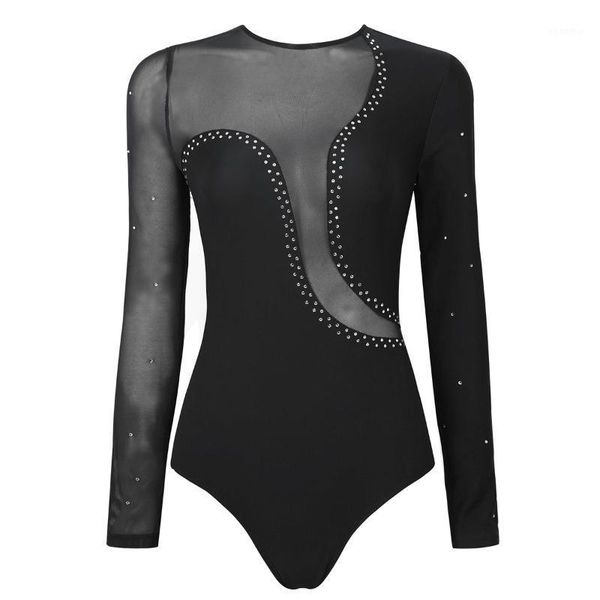 

tiaobug women dance wear long sleeves open back shiny rhinestones gymnastics leotard ballet bodysuit stage performance costume1, Black;red