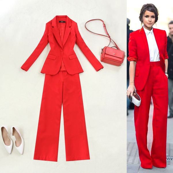 Classic Single fibbia rossa Suit Pantalone da donna Giacca con colletto dentellato Blazer Pantaloni gamba larga Office Ladies Set da donna T200818