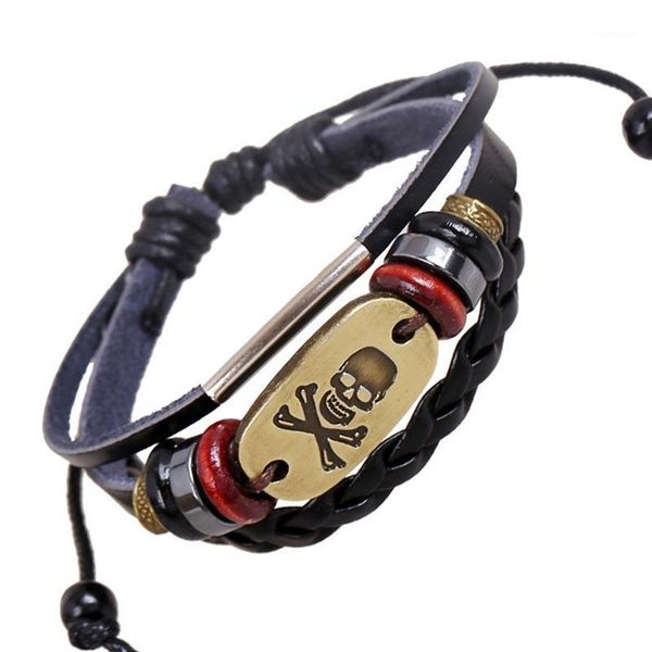 

pirate style skull charm beaded bracelets masculina strand braided woven beads leather wristband women party jewelry accessories1, Golden;silver