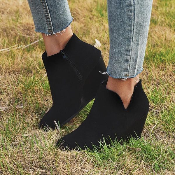 

pointed toe booties winter women leopard ankle boots footwear platform high heels wedges shoes woman bota feminina1, Black