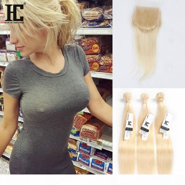 

hc hair 613 brazilian blonde virgin hair with closure 3 bundles with 4*4 lace closure straight human hair with part closure, Black;brown