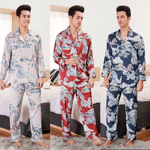 

smmoloa new print button turn down collar long sleeves men pajama silk satin pyjamas, Black;brown