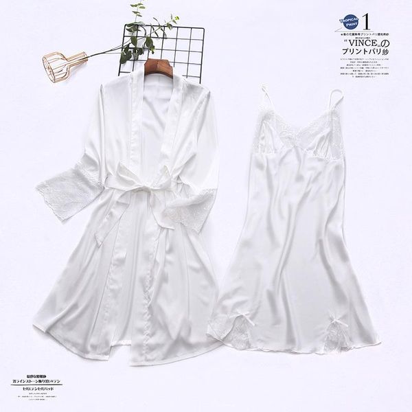 

women's sleepwear bathrobe female nightwear 2pcs sleep set casual kimono gown wedding robe satin lace nightgown homewear, Black;red