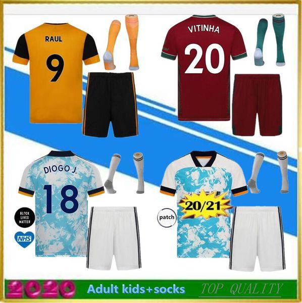 

men kids kit+socks 2020 2021 raul wolves soccer jerseys 20-21 coady campana podence diogo neves soccer shirt otto adama football shirt, Black