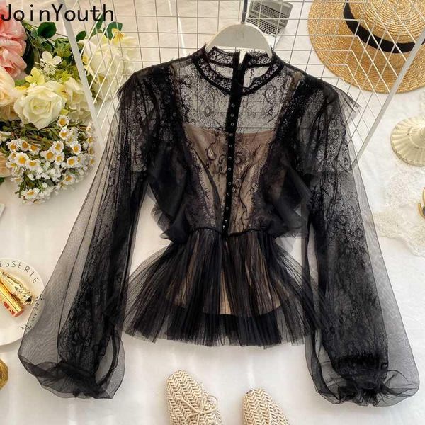 

joinyouth lace fashion women blouses puff sleeve 2020 spring blusas mujer korean vintage ruffles fashion 2020 shirts new j4451, White