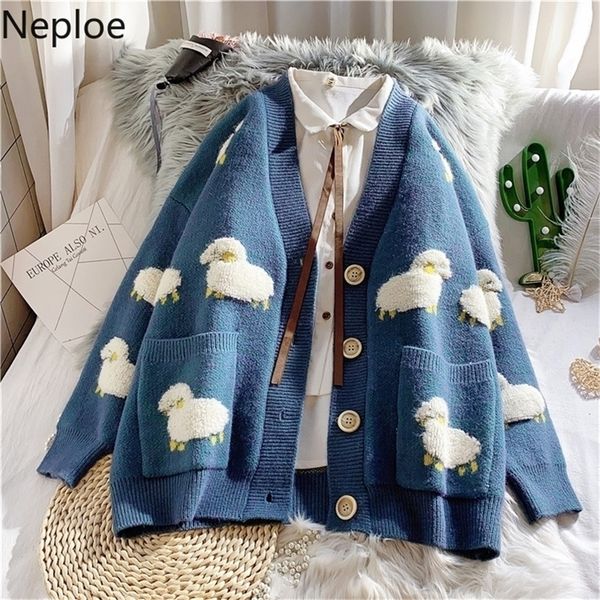 

neploe thicken sweater coat women cartoon knitted cardigan autumn winter single breasted v neck loose knitwear jacket 4c215 201221, White;black
