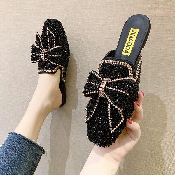 

baotou half slippers for women wear fashionable and versatile fairy cool drag flat heel rhinestone muller shoes trend x1020, Black