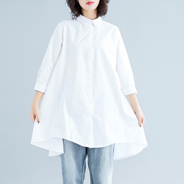 

#2832 summer black white shirt three quarter sleeve plus size loose lapel collar casual long shirts for women cotton and linen1