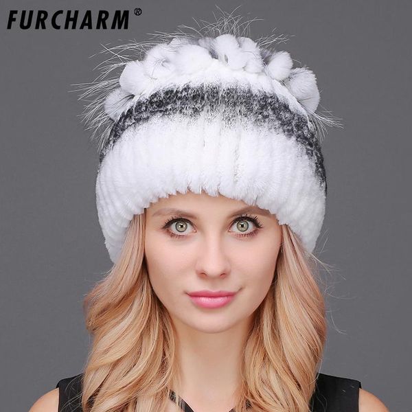 

furcharm natural rex fur hat female warm women's winter hats with silver fur fashion knitted beanies thick hat girl, Blue;gray
