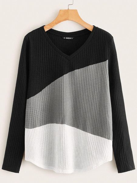 

plus colorblock waffle knit tee f10g#, Black