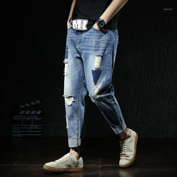 

2020 summer new men's jeans large size hole harem pants loose washed worn fashion wholesale1, Blue