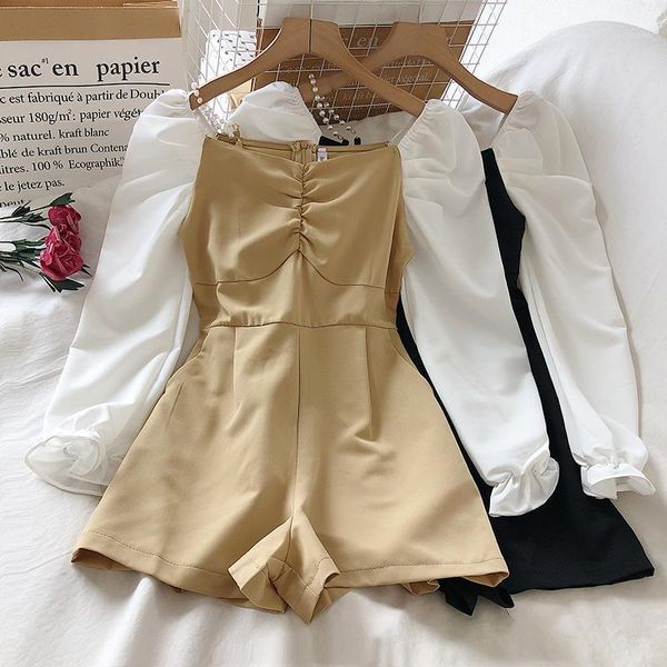 

2020 autumn korean temperament pearl chain strapless folds high waist contrast stitching a-line one-piece wide-leg shorts1, Black;white