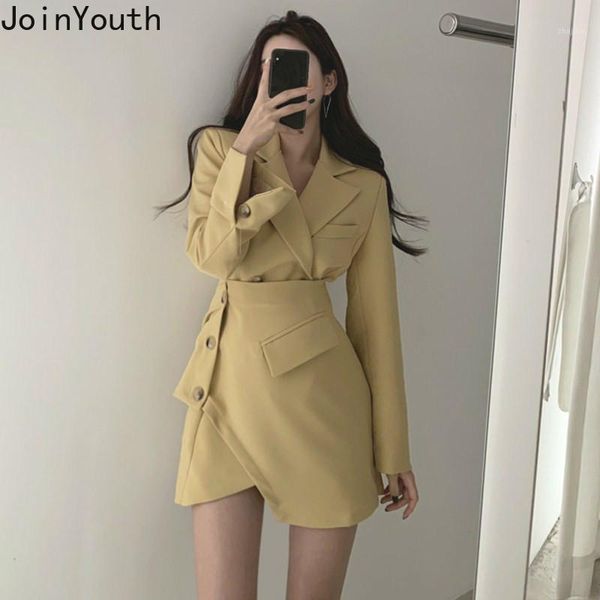 

joinyouth korean vintage women suits elegant short blazer coat + side buttons irrefular high waist skirt fashion solid set 593791, White