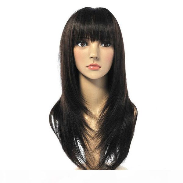 

gt;&gt;&gt;new fashion women ladies straight silky long hairstyle w-neat bangs synthetic wig, Black;brown