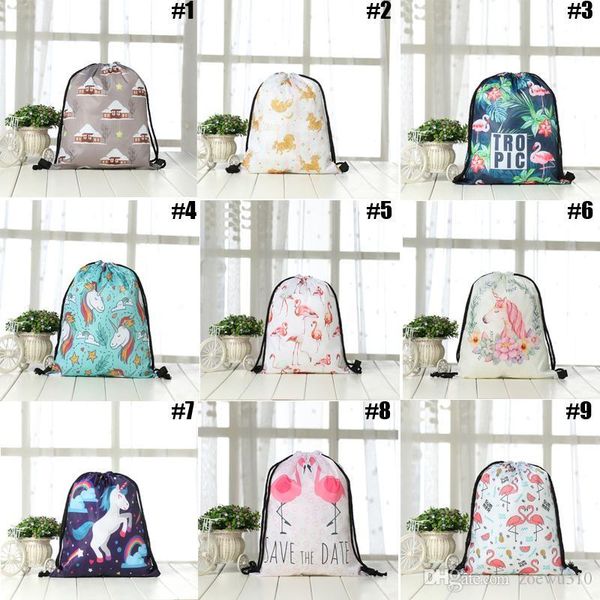 

wholesale 33.5*41.5cm backpack bag polyester christmas shopping travel cute printing multicolor sports storage drawstring bags