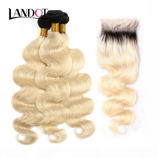 

9a ombre 1b 613# bleach blonde brazilian peruvian malaysian indian virgin human hair weave body wave 4 bundles with lace closures extensions, Black;brown