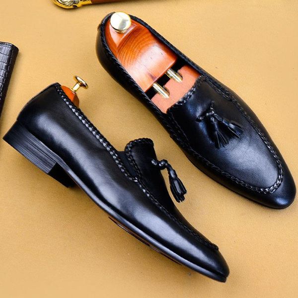 

slip on men brogues formal shoes men tassel loafers male genuine leather black shoes flat comfortable dress