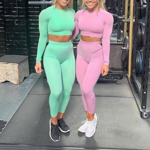 

10 colors women vital seamless yoga set fitness sports suits gym long sleeve shirts high waist running leggings workout pants1, Gray