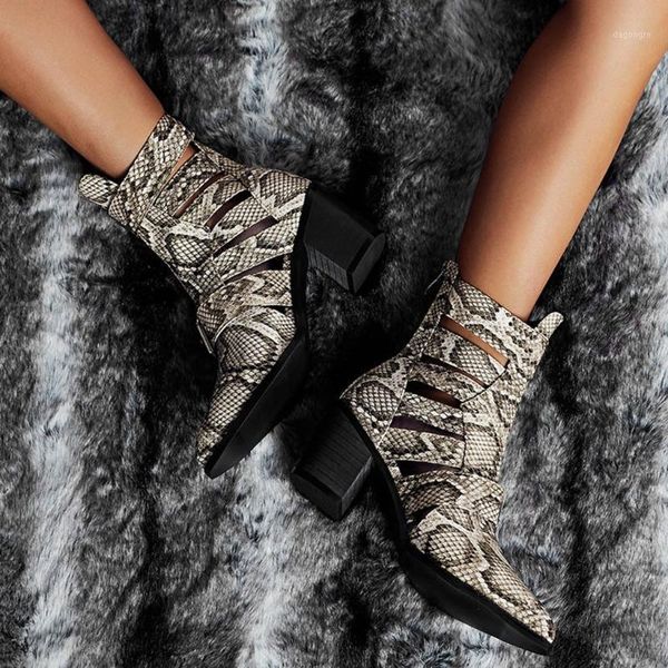 

boots shoes woman fashion women zapatos de mujer snake print thick high heels hollow buckle pointed short1, Black