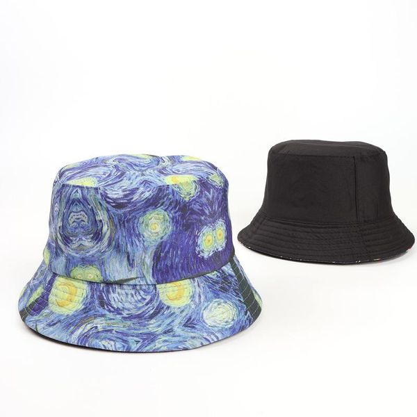 

beanie/skull caps harajuku bucket hat women cosmos starry sky oil painting double side fisherman cap korean graffiti print lovers basin k, Blue;gray