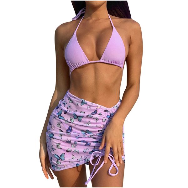 

women's swimwear printing halter bandage split swimsuit beachwear set, White;black