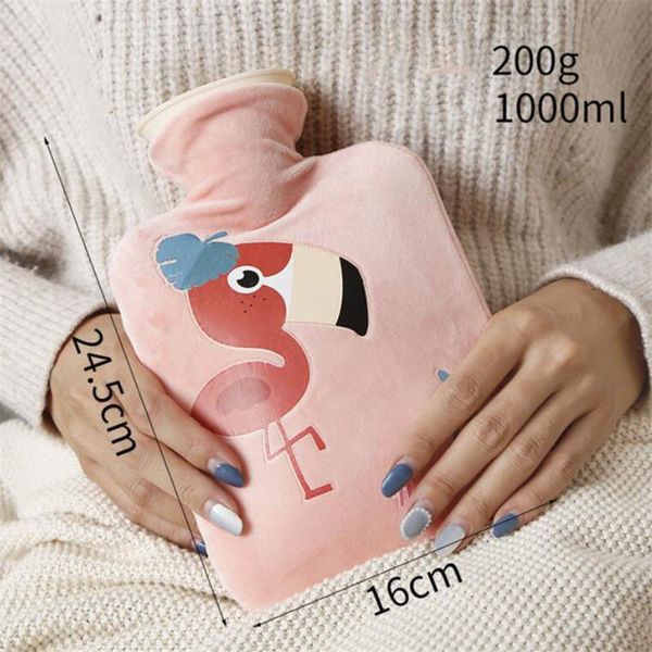 

1000ml cute animal thicken flamingo water bottle rubber water bag pocket portable hand warmer water injection with cover wmthpe