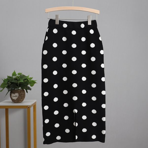 

2021 new women knit polk dot pencil skirt female autumn winter high waist bodycon vintage split thick stretchy sweater skirts q2cf, Black