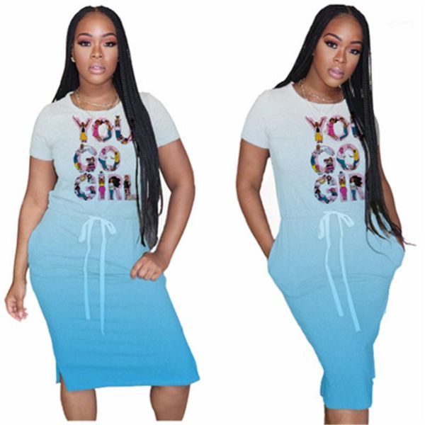 

new short sleeve letter pattern long skirt fashion trend round neck loose casual dress women gradient panelled dress designer, Black;gray