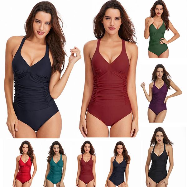 

summer solid color wearable one-piece swim wear women halter neck tight-fitting halter swimsuit cover belly women clothes outdoor