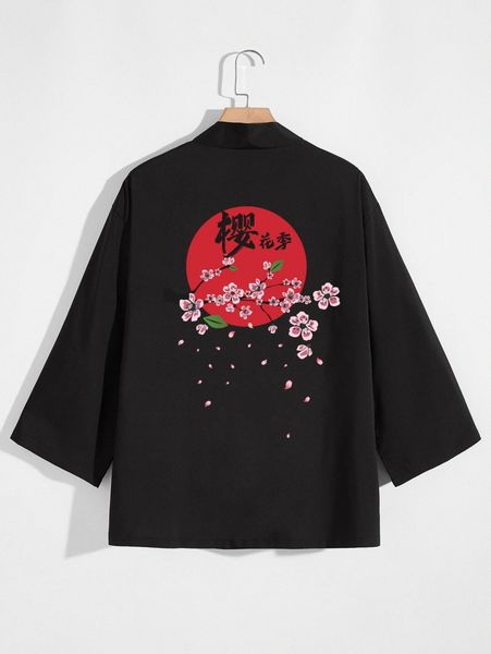 

men floral and japanese letter graphic open front kimono p9fp#, White;black