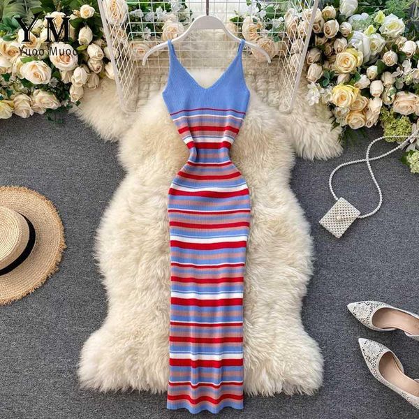 

yuoomuoo korean fashion striped bodycon dress women spaghetti strap knit summer dress female v-neck stretch knee-length dresses1, Black;gray