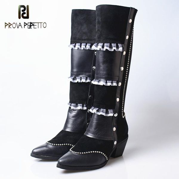 

prova perfetto hand-made genuine leather women thigh high boots fringe air mesh mixed colors pointed toe slip-on lady boots 2020, Black