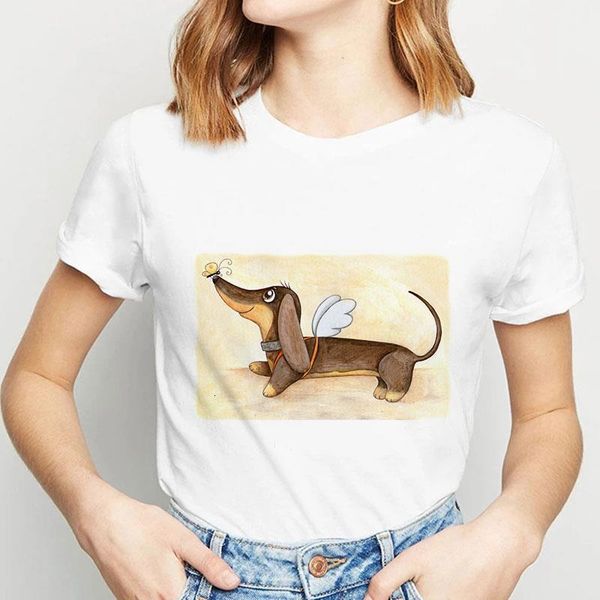 

summer new fashion cute cartoon animal dachshund print female couple short-sleeved t-shirt bottoming shirt drop shipping, White