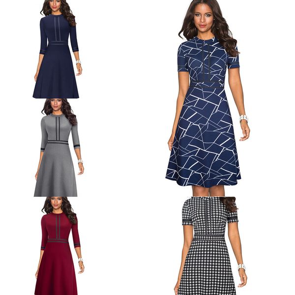 

nice-forever vintage elegant patchwork round neck pinup female vestidos business party flare a-line retro women dress a135 h1210, Black;gray