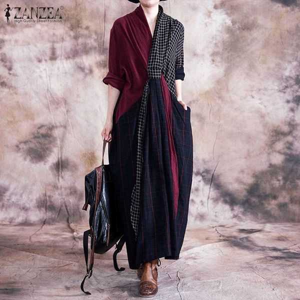

women casual long maxi vestidos spring vintage check patchwork party dress autumn fashion long sleeve sundress female tunic robe y0118, Black;gray
