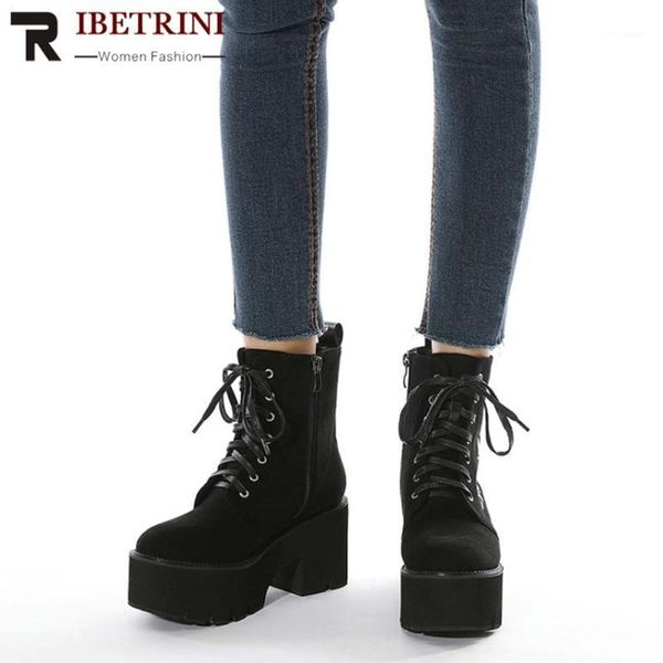 

ribetrini flock totem fashion women shoes women lace up platform design boots design high heels spring autumn boots1, Black