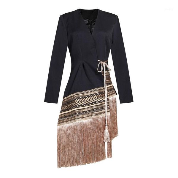 

ladies temperament embroidery jacquard irregular hem tassel side waist slimming female blazer1, White;black