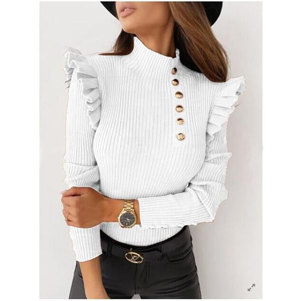 

womens autumn and winter ruffle blouse elegant casual o-neck pullover blusa women fashion long sleeve render ublined upper garme, White